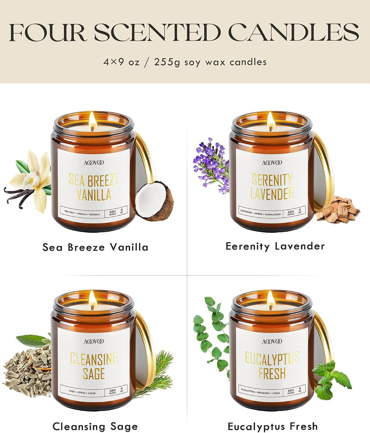 AOOVOO Scented Candles - 4PC Candle Set, 36 oz Soy Candles, Soy Candle for Home Scented, Lavender/Vanilla/Eucalyptus/Sage