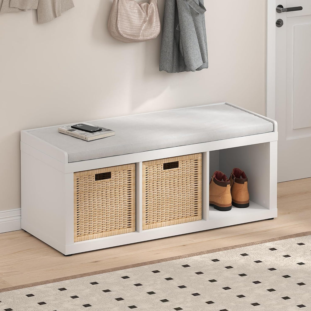 Furinno Cubicle Storage Bench, Shoe Bench with Padded Seat Cushion, 3-Cube Open Shelves Entryway Bench, for Closet, Entryway, Living Room, White