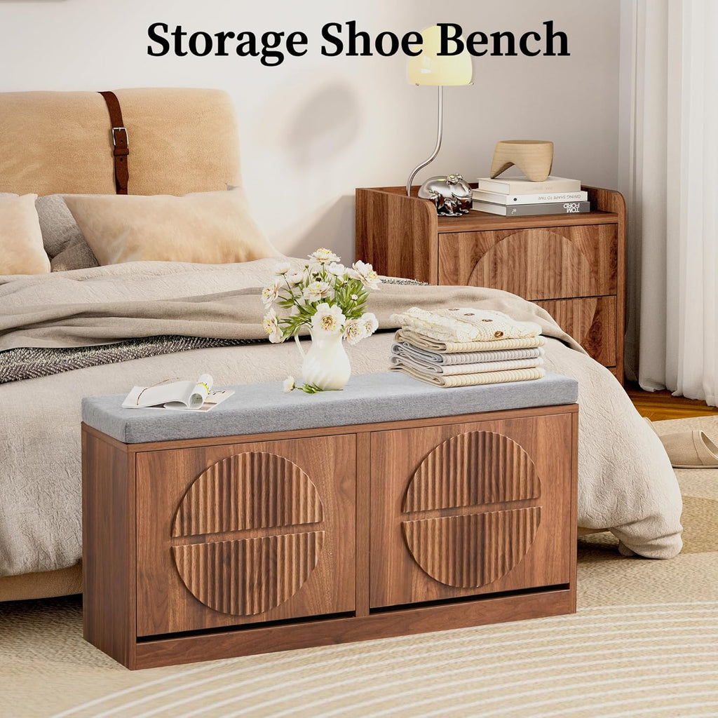 Narrow Shoe Storage Bench for Entryway, Wooden Shoe Cabinet with Flip Drawers& Adjustable Shelves, Shoe Rack Bench with Cushion, Shoe Organizer with Fluted Pattern for Hallway, Living Room (Walnut)