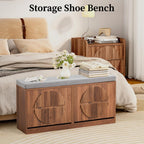 Narrow Shoe Storage Bench for Entryway, Wooden Shoe Cabinet with Flip Drawers& Adjustable Shelves, Shoe Rack Bench with Cushion, Shoe Organizer with Fluted Pattern for Hallway, Living Room (Walnut)