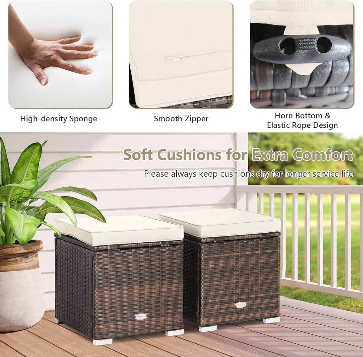 ORALNER 16" Outdoor Ottoman, Set of 2 Wicker Ottoman with Storage, All-Weather Rattan Cube Footstool w/Removable Cushions, Square Foot Rest Seating for Patio, Porch, Deck, Easy Assembly (Cream)