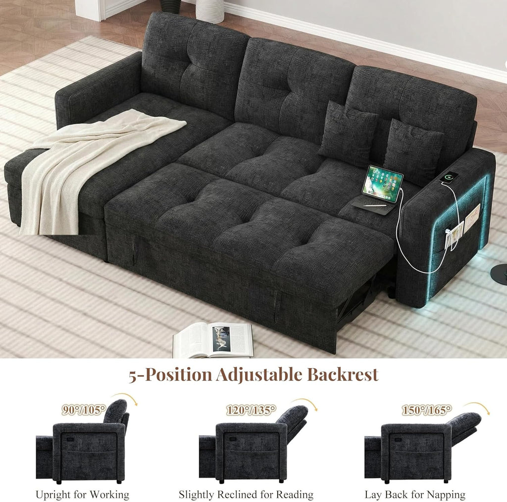 81'' LED L-Shaped Sectional Couch for Living Room, Sleeper Sofa Bed, Black | Comfy Chenille Cloud Couch, Pull Out Bed, Storage Chaise, 5-level Adjustable Backrest, USB Charging, 2 Pillow, 900LB Capacity