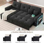 81'' LED L-Shaped Sectional Couch for Living Room, Sleeper Sofa Bed, Black | Comfy Chenille Cloud Couch, Pull Out Bed, Storage Chaise, 5-level Adjustable Backrest, USB Charging, 2 Pillow, 900LB Capacity