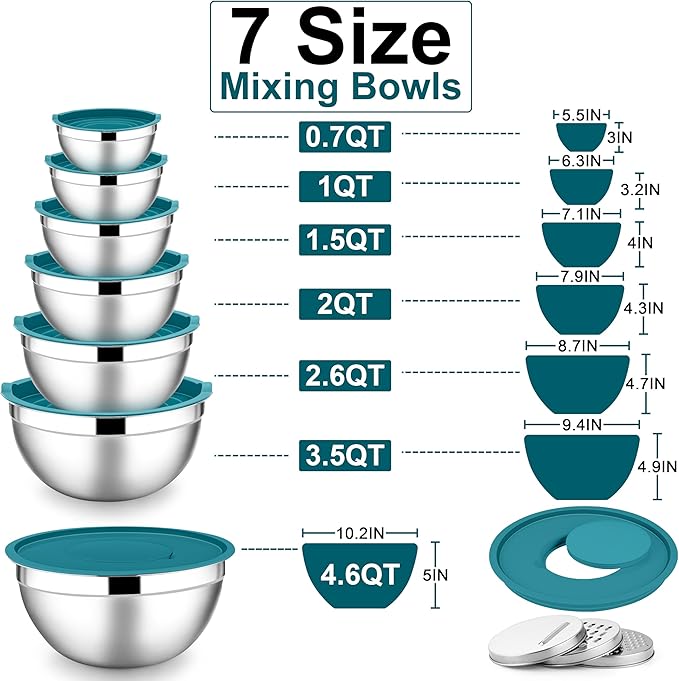 E-far Mixing Bowls with Lids Set, 7-Piece Stainless Steel Mixing Bowls with 3 Grater Attachments, Size 4.6, 3.5, 2.6, 2, 1.5, 1, 0.7QT, Metal Nesting Bowls & Blue Airtight Lids, For Baking/Cooking