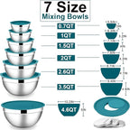 E-far Mixing Bowls with Lids Set, 7-Piece Stainless Steel Mixing Bowls with 3 Grater Attachments, Size 4.6, 3.5, 2.6, 2, 1.5, 1, 0.7QT, Metal Nesting Bowls & Blue Airtight Lids, For Baking/Cooking
