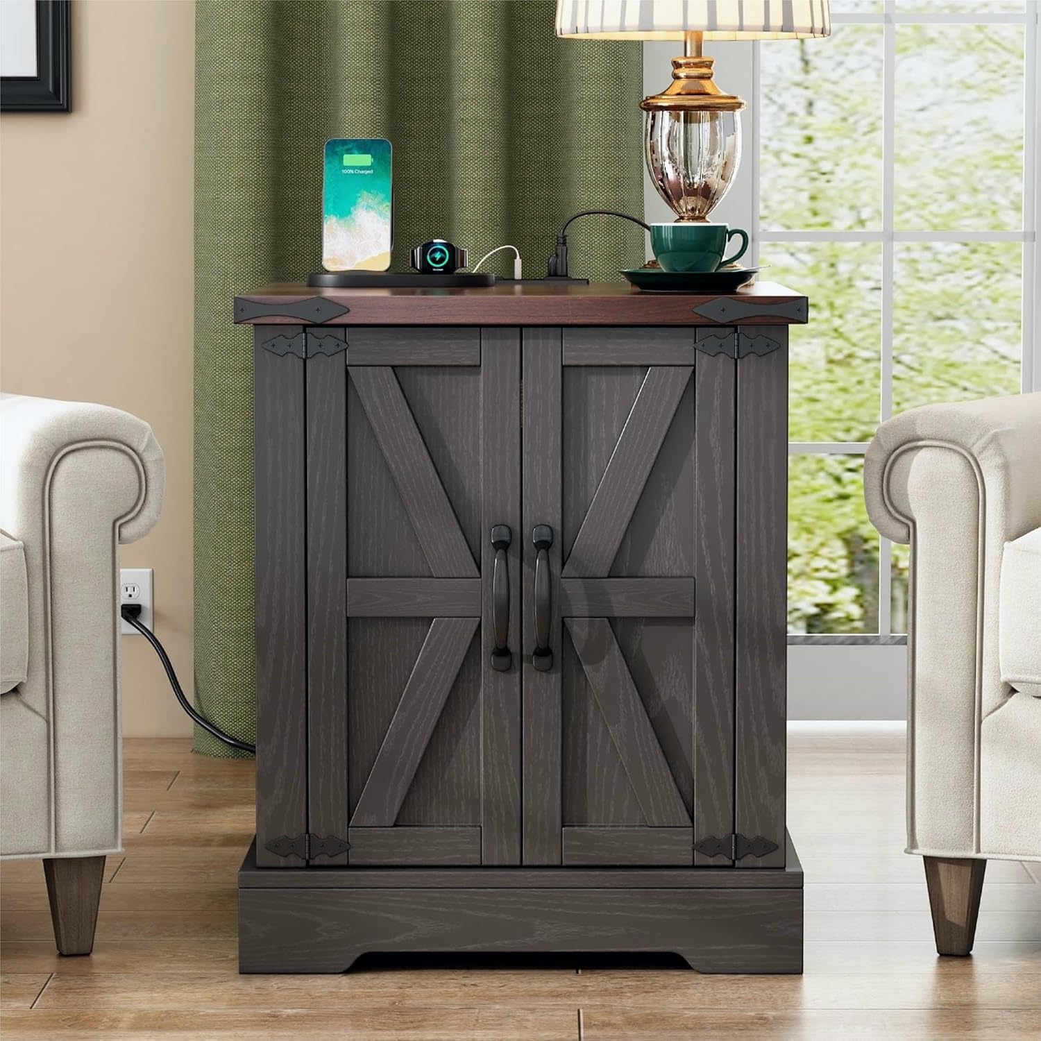 Merax Farmhouse End Table with Charging Station, Rustic Wood Nightstand with Adjustable Shelf, 19.6" W Versatile Walnut Sofa Side Table with Barn Doors & Retro Hinges for Bedroom, Living Room, Grey