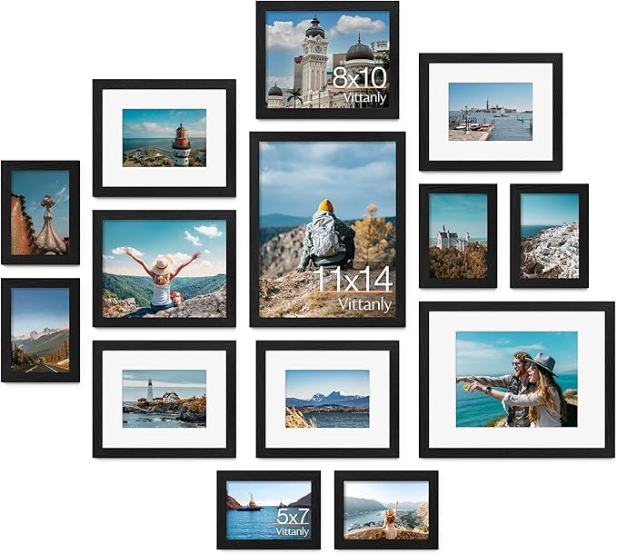 Vittanly Picture Frames Set of 14, Gallery Wall Frame Set with 2Pcs 11x14, 6Pcs 8x10 and 6Pcs 5x7 Photo Frames, Picture Frames Collage Wall Decor for Wall or Tabletop Display, Black