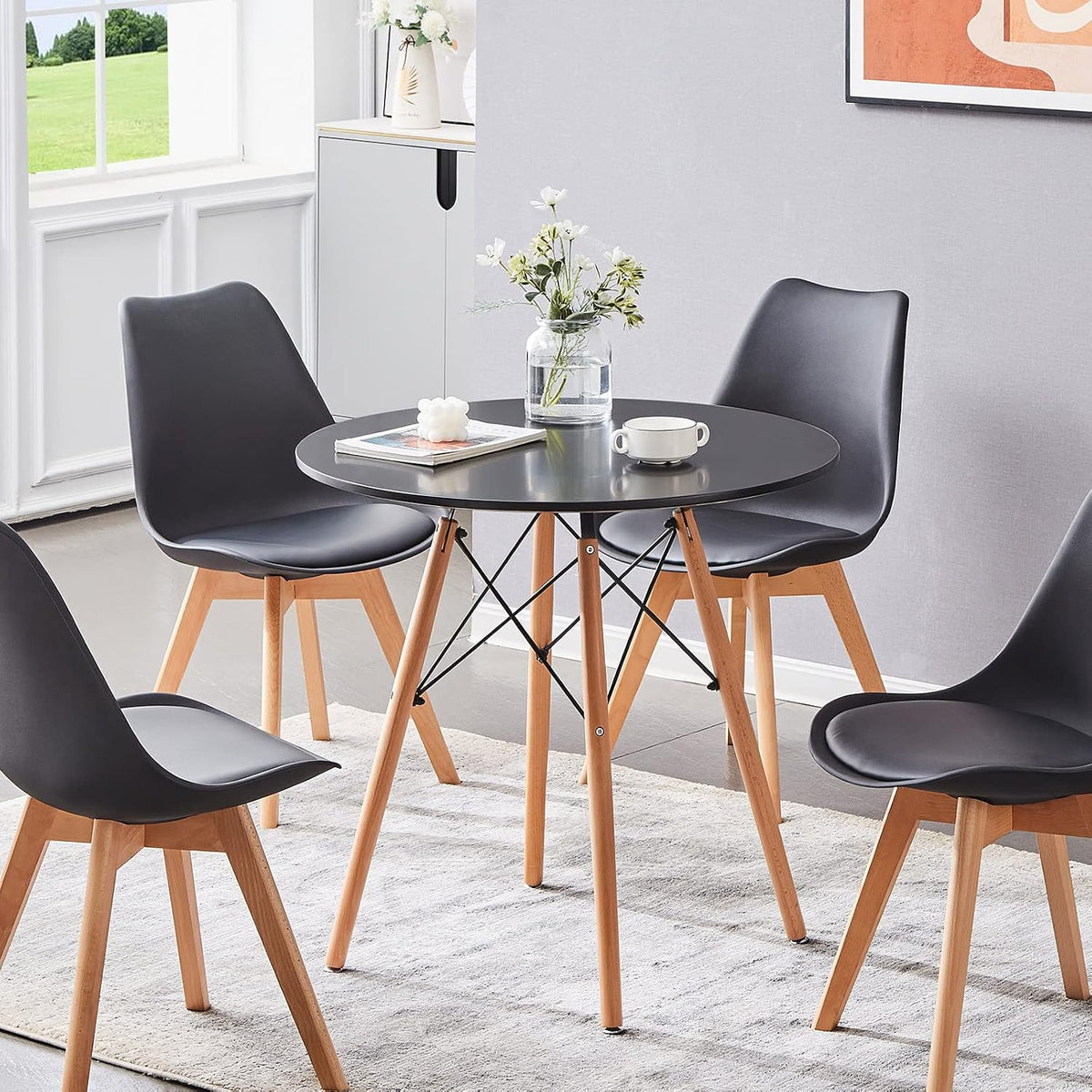 31.5 Inch Small Round Dining Table for 4 People Kitchen Home Modern Leisure Wood Legs Table Black