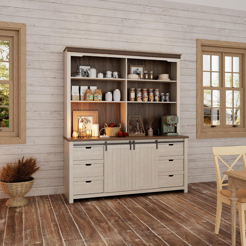 Sweet Memory 78.8" H Farmhouse Kitchen Hutch Cabinet with 3-Tier Open Shelves, Storage Pantry Cabinet with Wide Countertop, 6 Drawers and Barn Door Buffet Pantry with Storage for Dining/Living Room