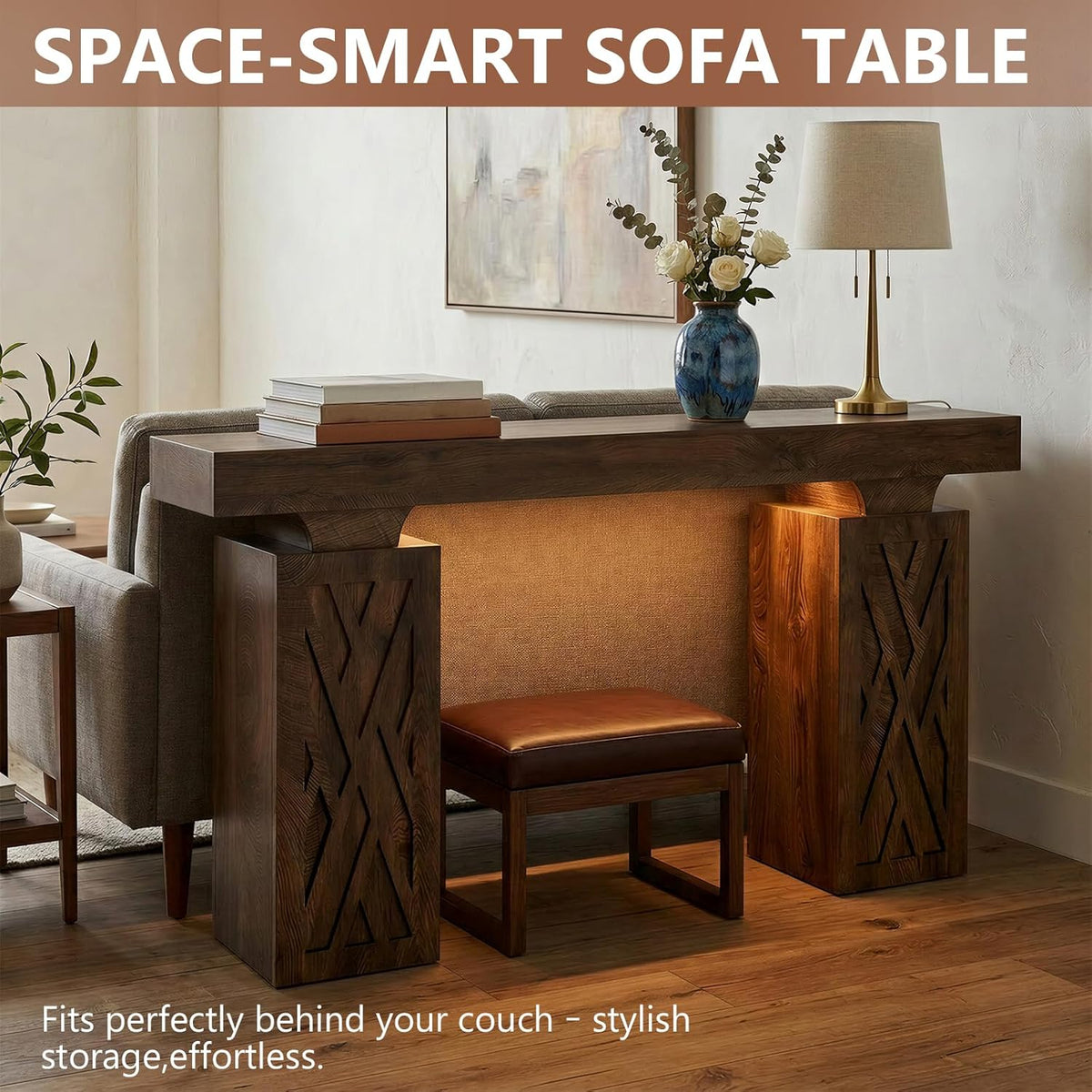 63-Inch Modern Console Table with LED & Outlet, Farmhouse Entryway Table with Geometric Base, Solid Wood-Grain Sofa Table Behind Couch, Narrow Accent Table for Hallway, Cracked Oak