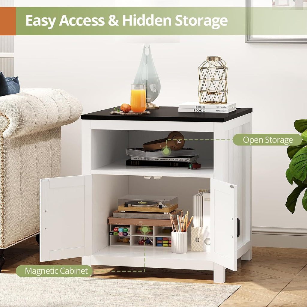 End Table with Charging Station, 23.6''W Large Sofa Side Table with Barn Door, Farmhouse Nightstand for Living Room, Bedroom