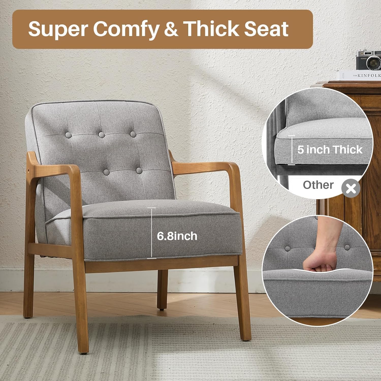 SOFTHION Linen Accent Chair Set of 2, Mid Century Modern Chair for Living Room, Upholstered Comfy Lounge Armchair with Solid Wood Frame, Reading Side Chair for Bedroom,105°Ergonomic Comfort, Grey