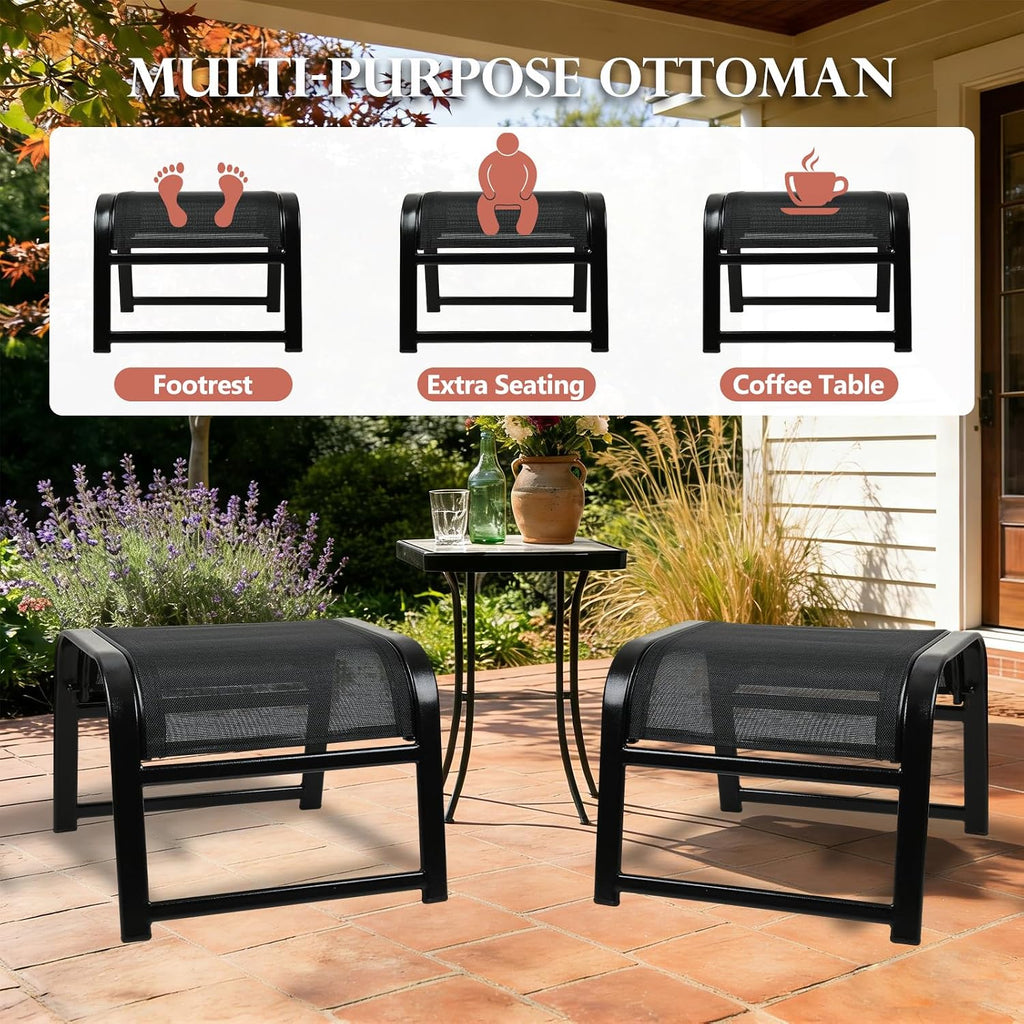 Assembled Patio Outdoor Ottoman 2 Set, Portable Footstools Textliene Metal Foot Rest Black