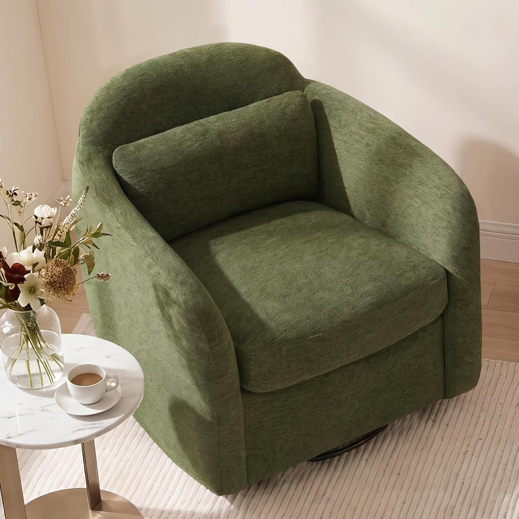 360° Swivel Accent Chair Set of 2, Comfy Upholstered Barrel Chairs with Pillow, High Back for Bedroom Living Room, Reading Room,Moss Green