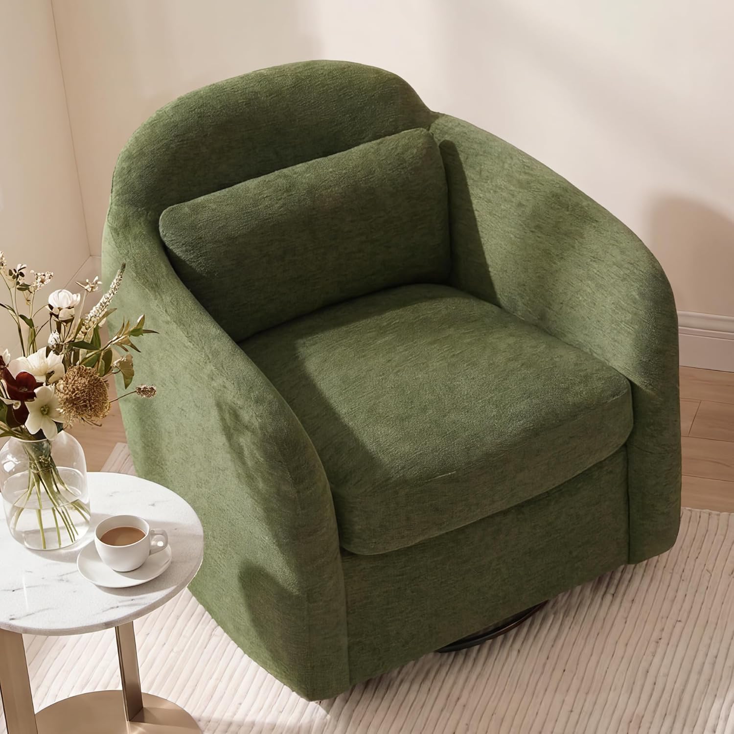 360° Swivel Accent Chair Set of 2, Comfy Upholstered Barrel Chairs with Pillow, High Back for Bedroom Living Room, Reading Room,Moss Green