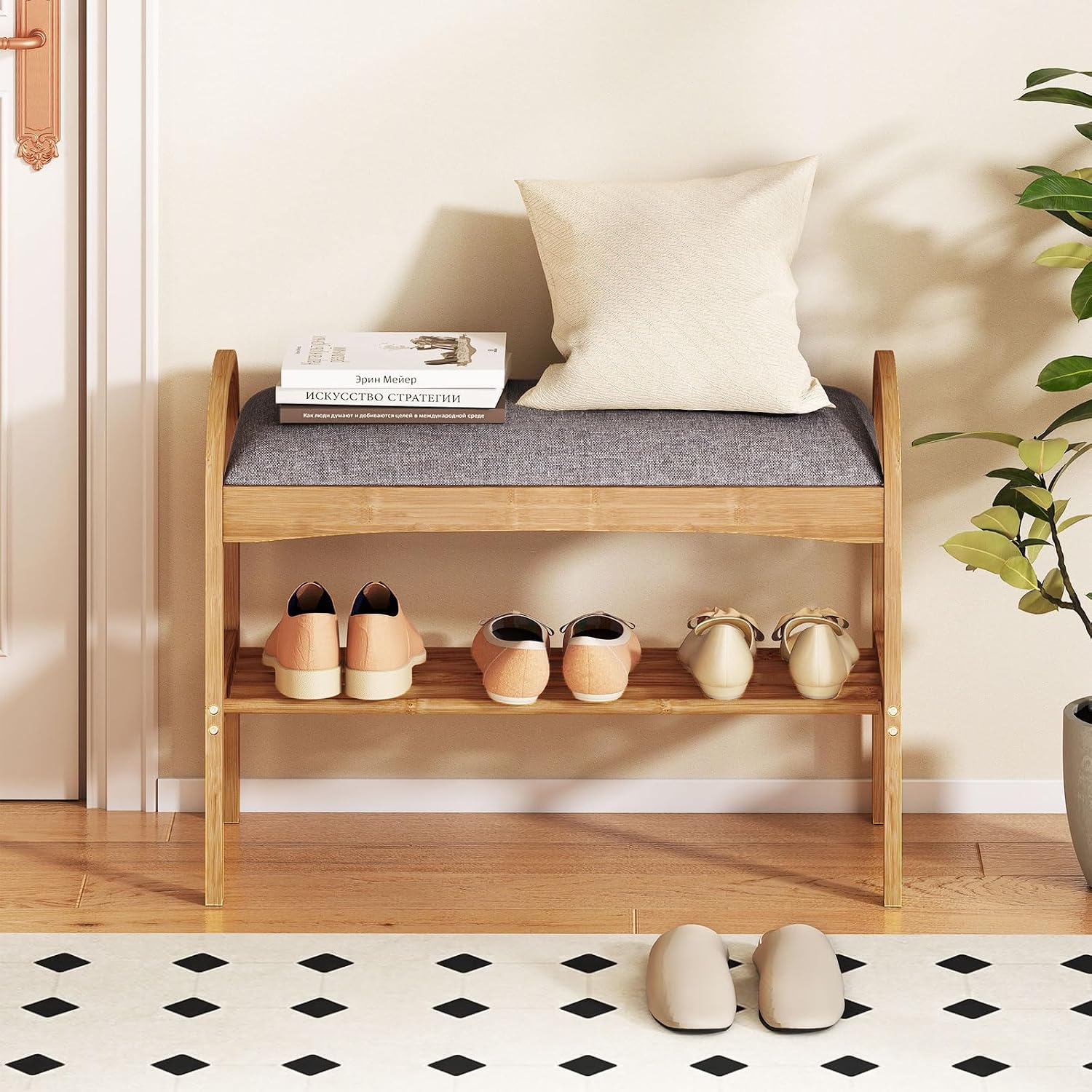 Giantex Shoe Rack Bench, Bamboo 2-Tier Entryway Bench with Padded Cushion, Shoe Storage Bench for Hallway, Closet, Foyer, Living Room, Bedroom, Mudroom