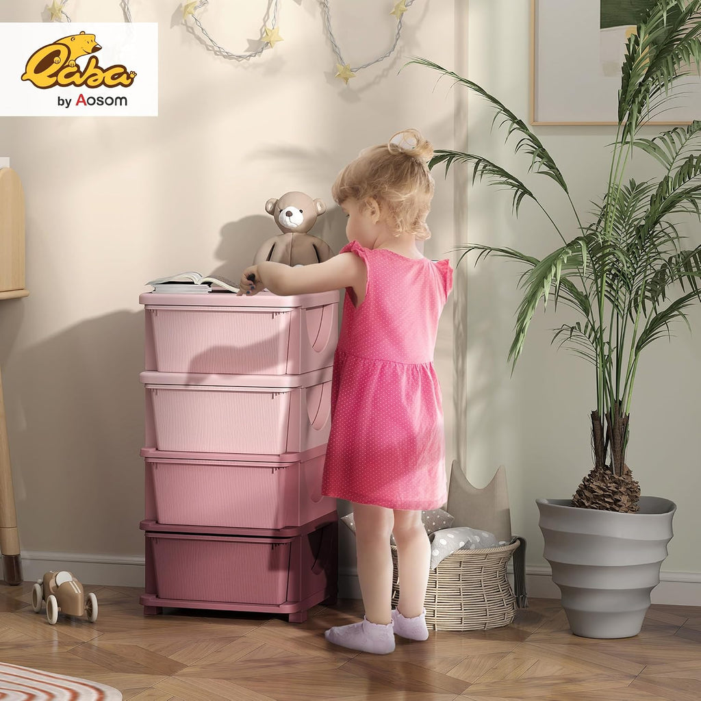 Qaba 4 Drawers Kids Storage Unit 4 Tier Toy Organizers Pink | Stackable Storage Chest, Bedroom, Nursery, Playroom, Living Room, Boys, Girls, Toddlers