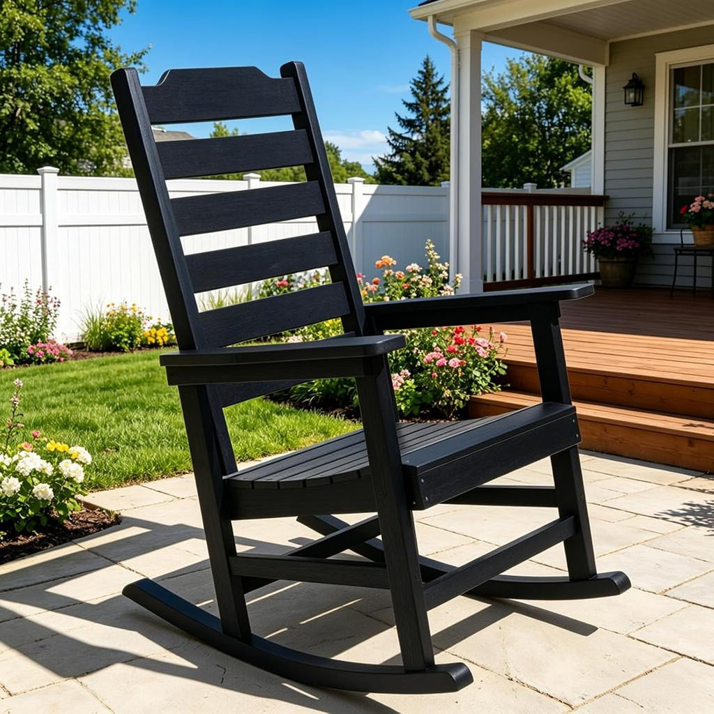 Rocking Chair Set of 2,All Weather Courtyard for Outside Balcony Gardens，High Back Outdoor Rocking Chair with 400lbs，Black