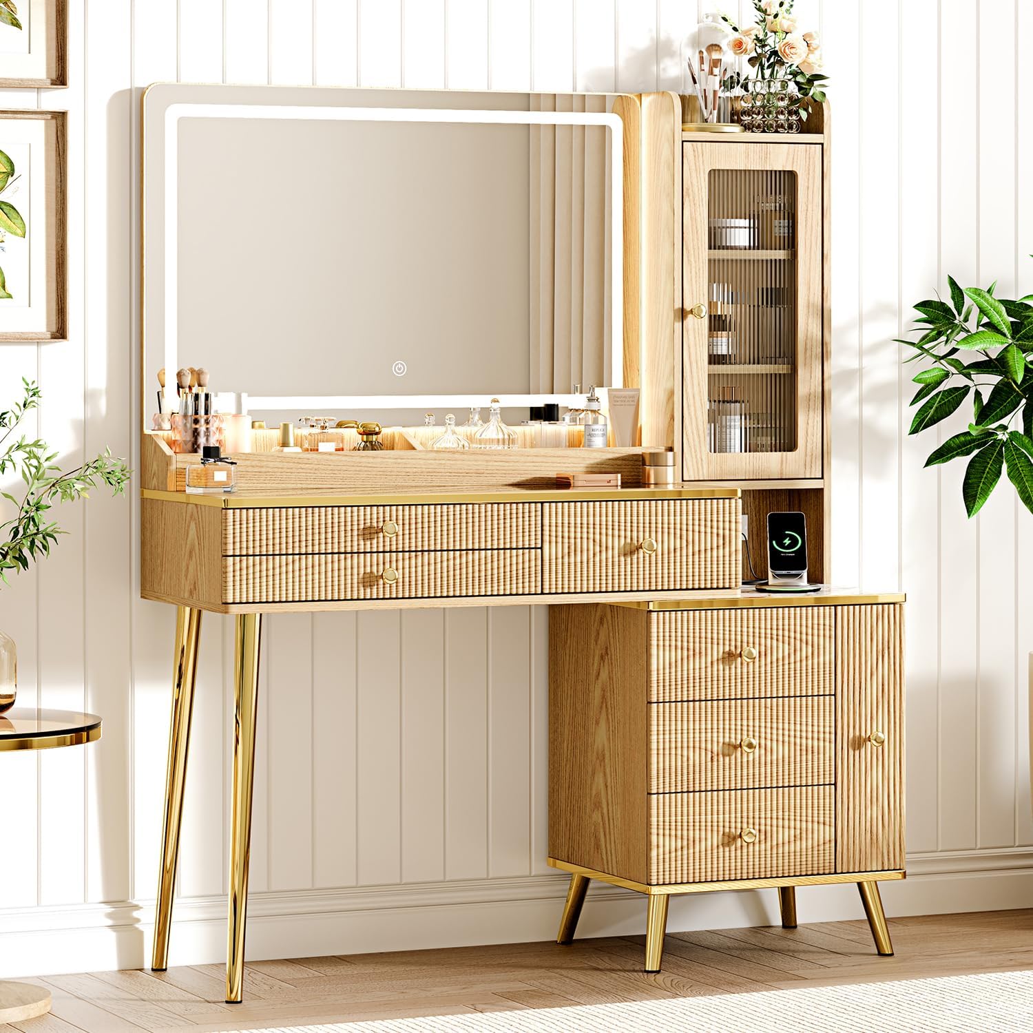 Arulvmrn Vanity Desk with 35.12" HD Lighted Mirror, 46.85" Big Modern Vanity Desk with Mirror and Lights, Makeup Vanity with 7 Drawers and Storage Shelves and Charging Station, Wood