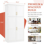 71" Kitchen Pantry Storage Cabinet, Freestanding Farmhouse Pantry Cabinet with 4 Doors, 2 Door Shelves, 8 Pull-Out Trays and Adjustable Shelf for Kitchen, Dining Room (White)