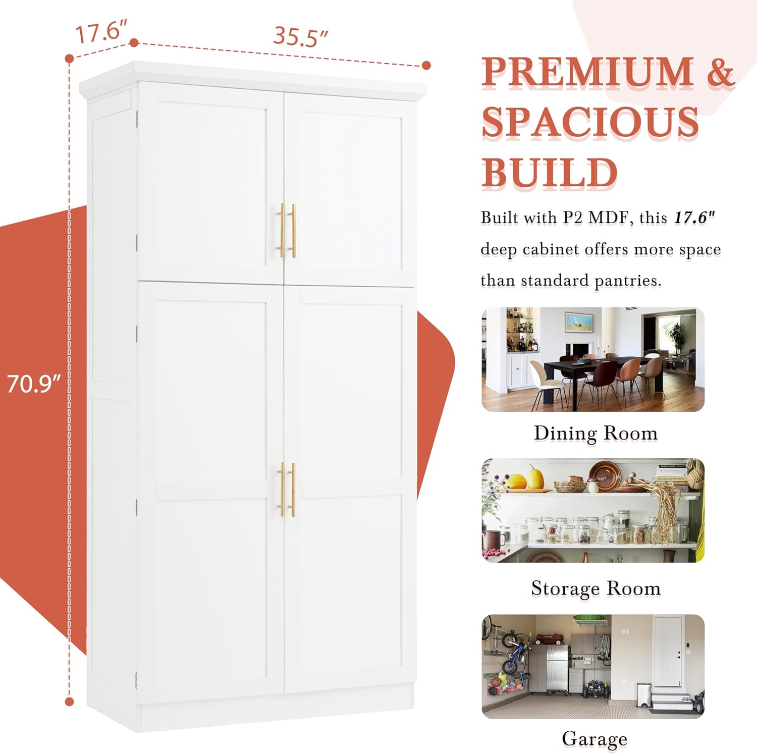 71 Inch Kitchen Pantry Cabinet with Pull-Out Trays, White | White P2 MDF, kitchen or dining room, door shelves, adjustable shelf, freestanding design, 17.6 in D, 35.5 in W