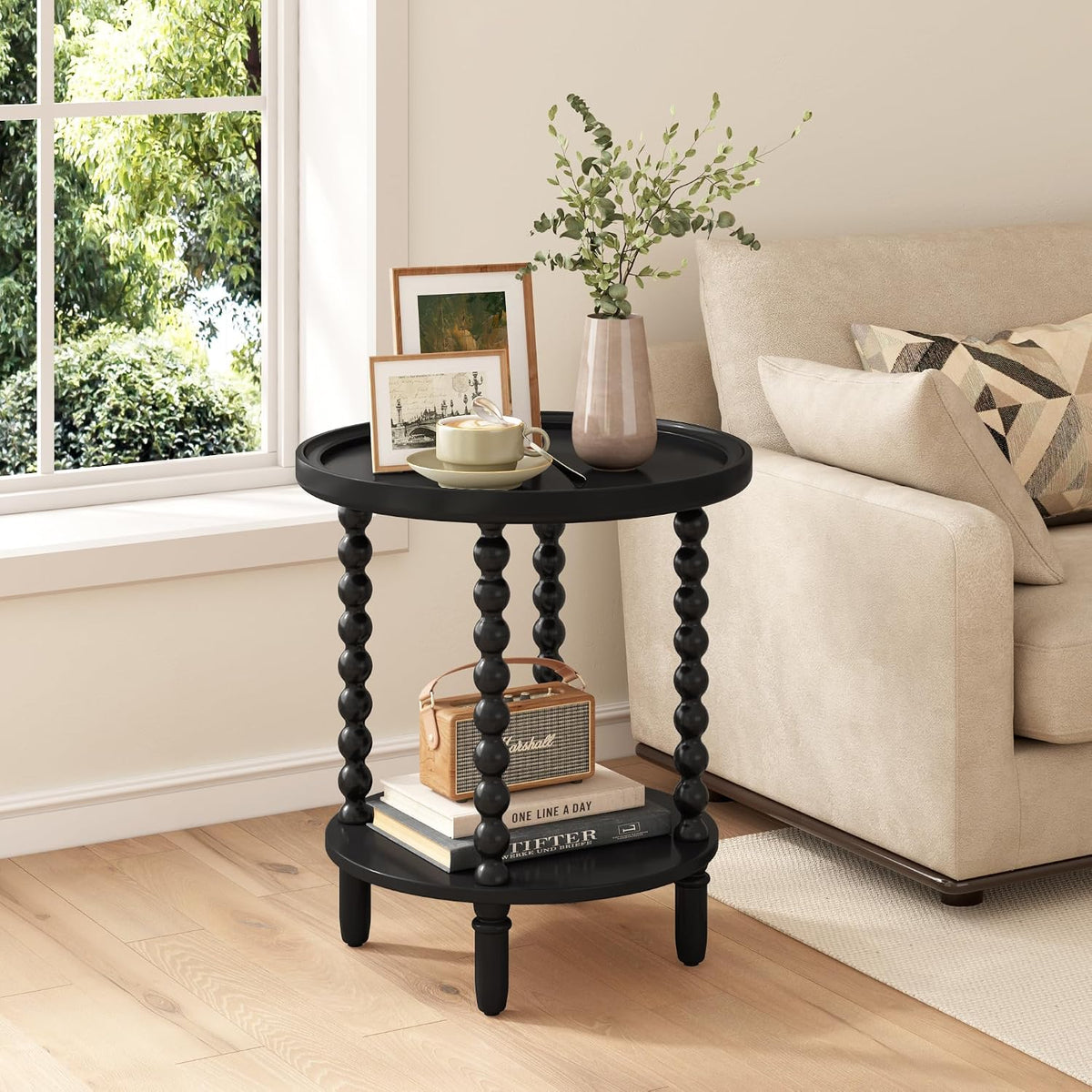 Gadroad Round End Table with Storage Shelf, Black 19.3 * 19.3 * 25.6 inches | 2 Tier Couch Side Table, Wood Coffee Table for Living Room, Bedroom