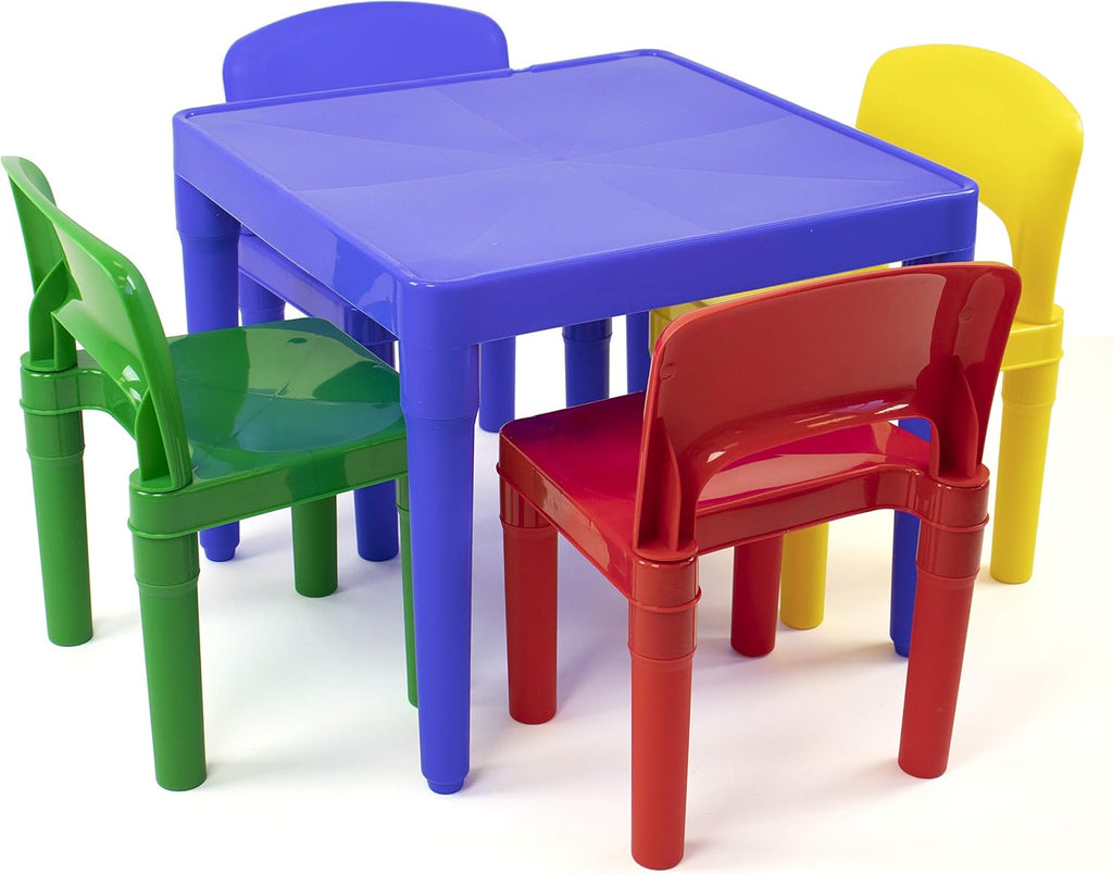 Humble Crew Kids Plastic 4 Set, Blue Table/Primary Chairs & White/Primary Kids' Toy Storage Organizer with 12 Plastic Bins