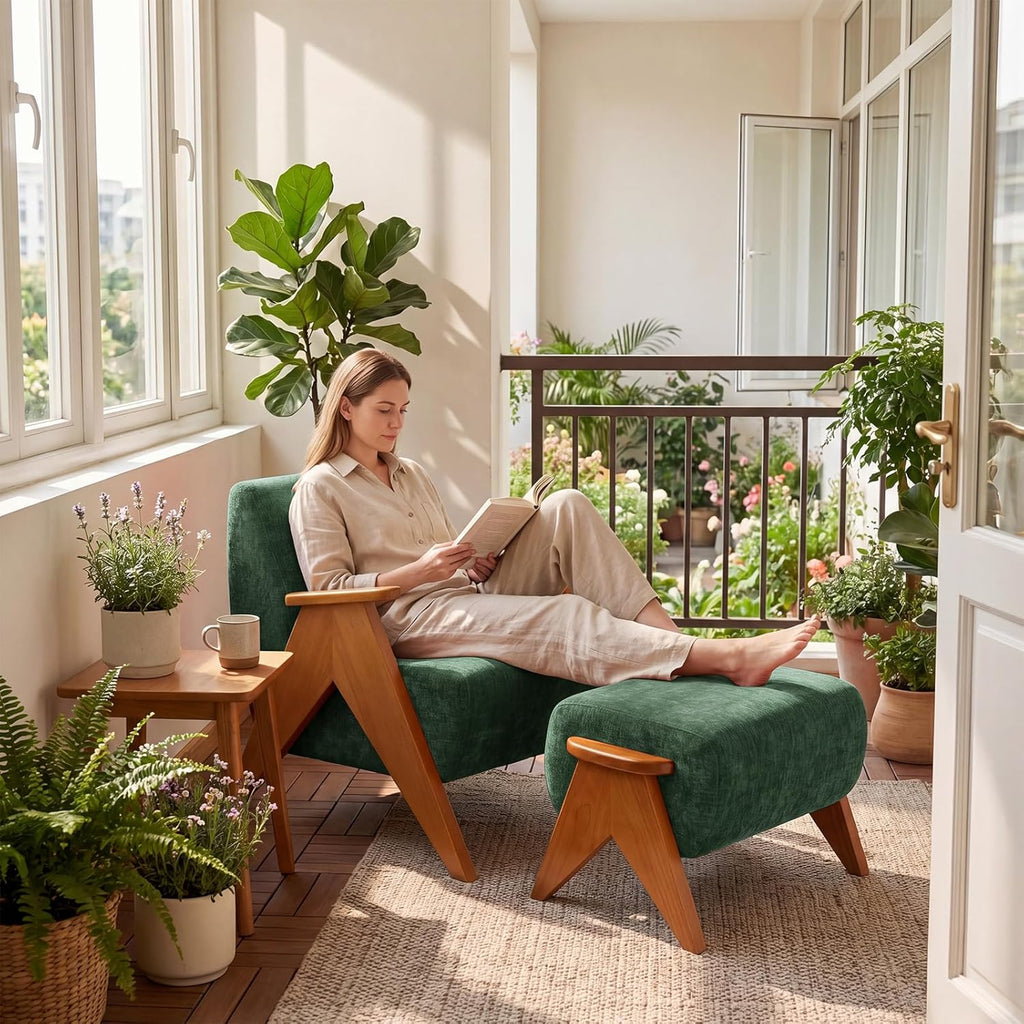 Linen Padded footstools Mid Century Modern Ottoman with Wood Frame, Lounge Upholstered Ottoman, Reading Chair, Sturdy Base, Suitable for Resting Your feet on a Lounge Chair Green