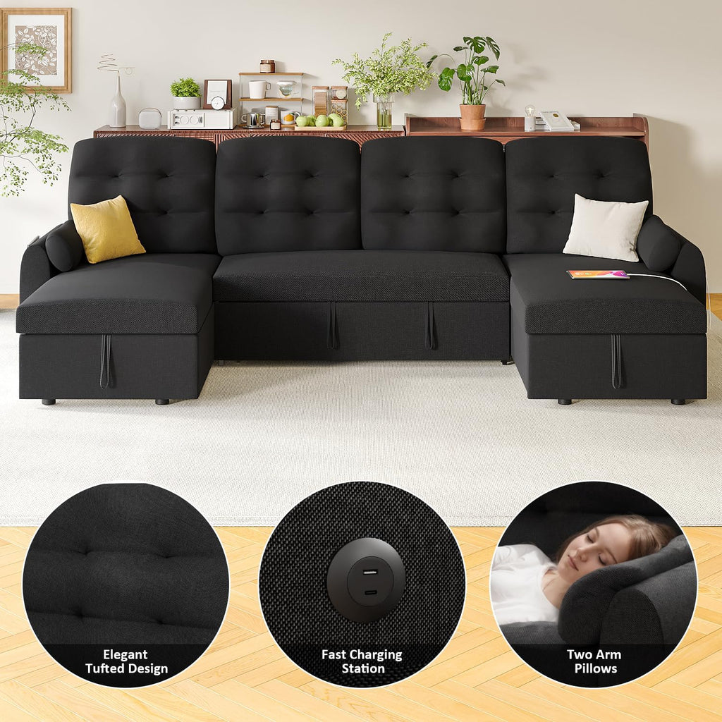 Ucloveria Sectional Sleeper Sofa Bed, 112" U-Shaped Sectional Couches for Living Room with Pull Out Bed, Oversize Couch Bed with Dual Reversible Storage Chaise | USB Charging | Side Pockets, Black