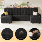 Ucloveria Sectional Sleeper Sofa Bed, 112" U-Shaped Sectional Couches for Living Room with Pull Out Bed, Oversize Couch Bed with Dual Reversible Storage Chaise | USB Charging | Side Pockets, Black