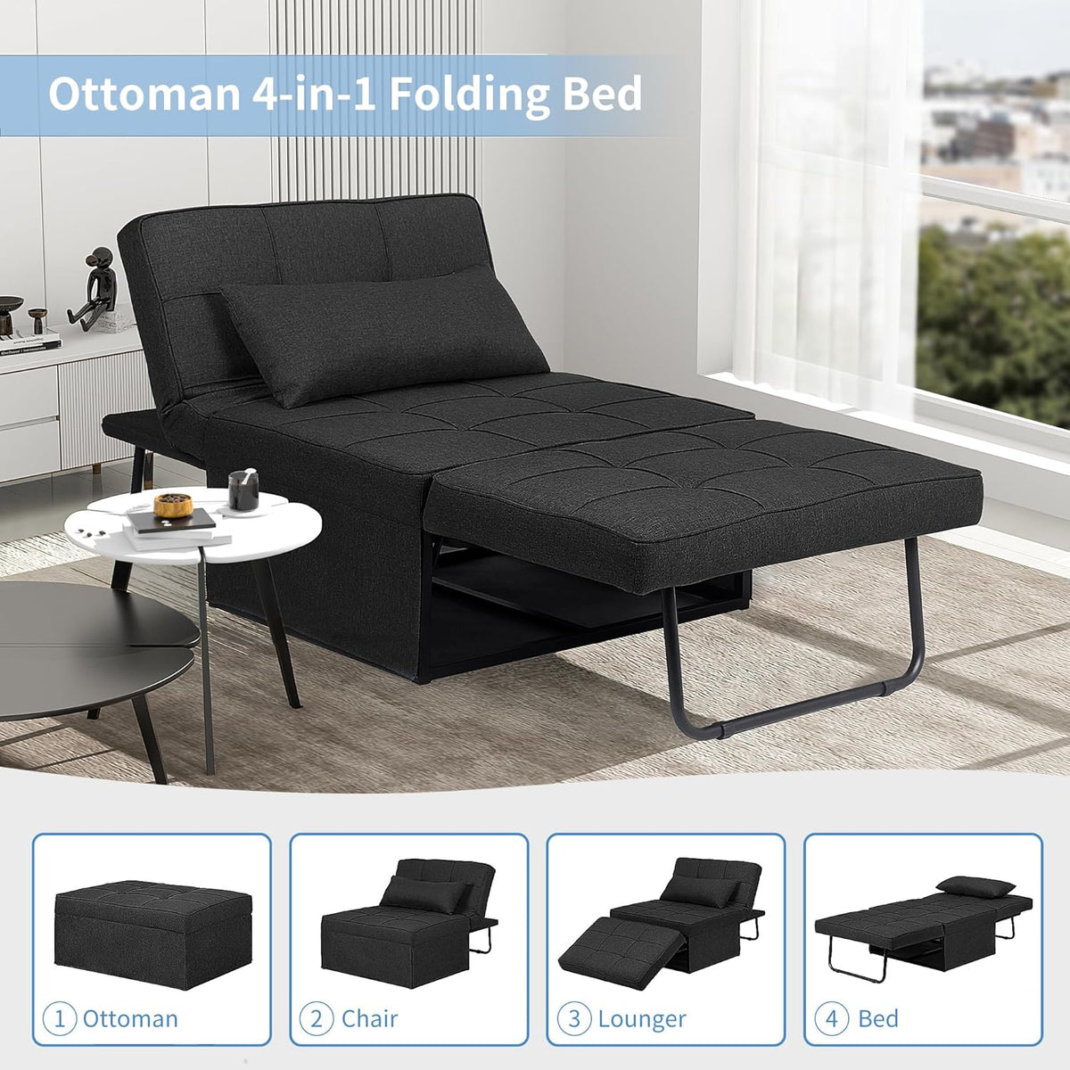 Ainfox Convertible Sofa Bed, 4 in 1 Multi-Function Folding Ottoman Bed with Adjustable Backrest, Modern Futon Couch No Assembly for Living Room Apartment Office Small Space (Black)