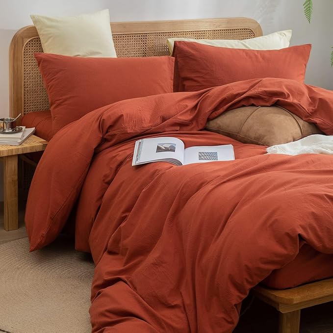 BESTOUCH Duvet Cover Set 100% Washed Cotton Linen Feel Super Soft Comfortable Chic Lightweight 3 PCs Home Bedding Set Solid Burnt Brick Red Oversized Full