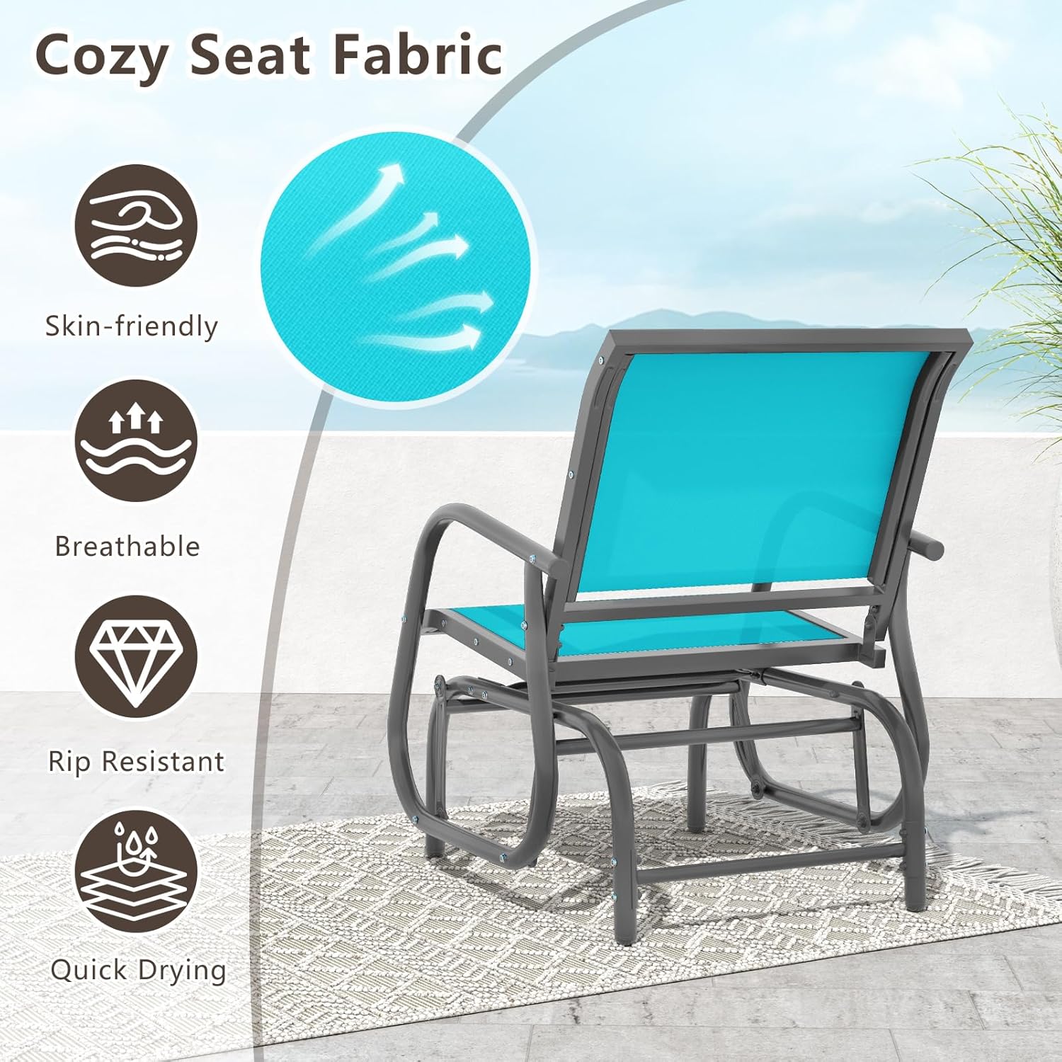 Giantex Swing Glider Chair W/Study Metal Frame Comfortable Patio Chair Love-Seat for Garden, Porch, Backyard, Poolside, Lawn Outdoor Rocking Chair (1, Turquoise)