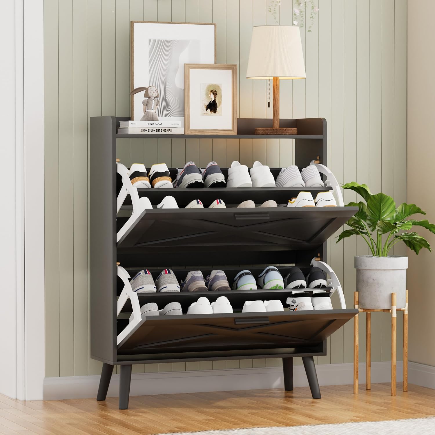 Homleke Farmhouse Shoe Storage Cabinet with Flip Drawers & Barn Door Design | Slim Narrow Shoe Rack Cabinet with Adjustable Shelves & Hidden Storage for Entryway, Foyer, Hallway, Living Room, Black