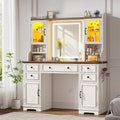 EnHomee Vanity Desk with Mirror and Lights, 43" White Makeup Vanity Desk with 5 Drawers & 2 RGB Glass Cabinets, Adjustable 3 LED Lights for Bedroom, Farmhouse Dressing Table for Women