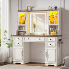 EnHomee Vanity Desk with Mirror and Lights, 43" White Makeup Vanity Desk with 5 Drawers & 2 RGB Glass Cabinets, Adjustable 3 LED Lights for Bedroom, Farmhouse Dressing Table for Women