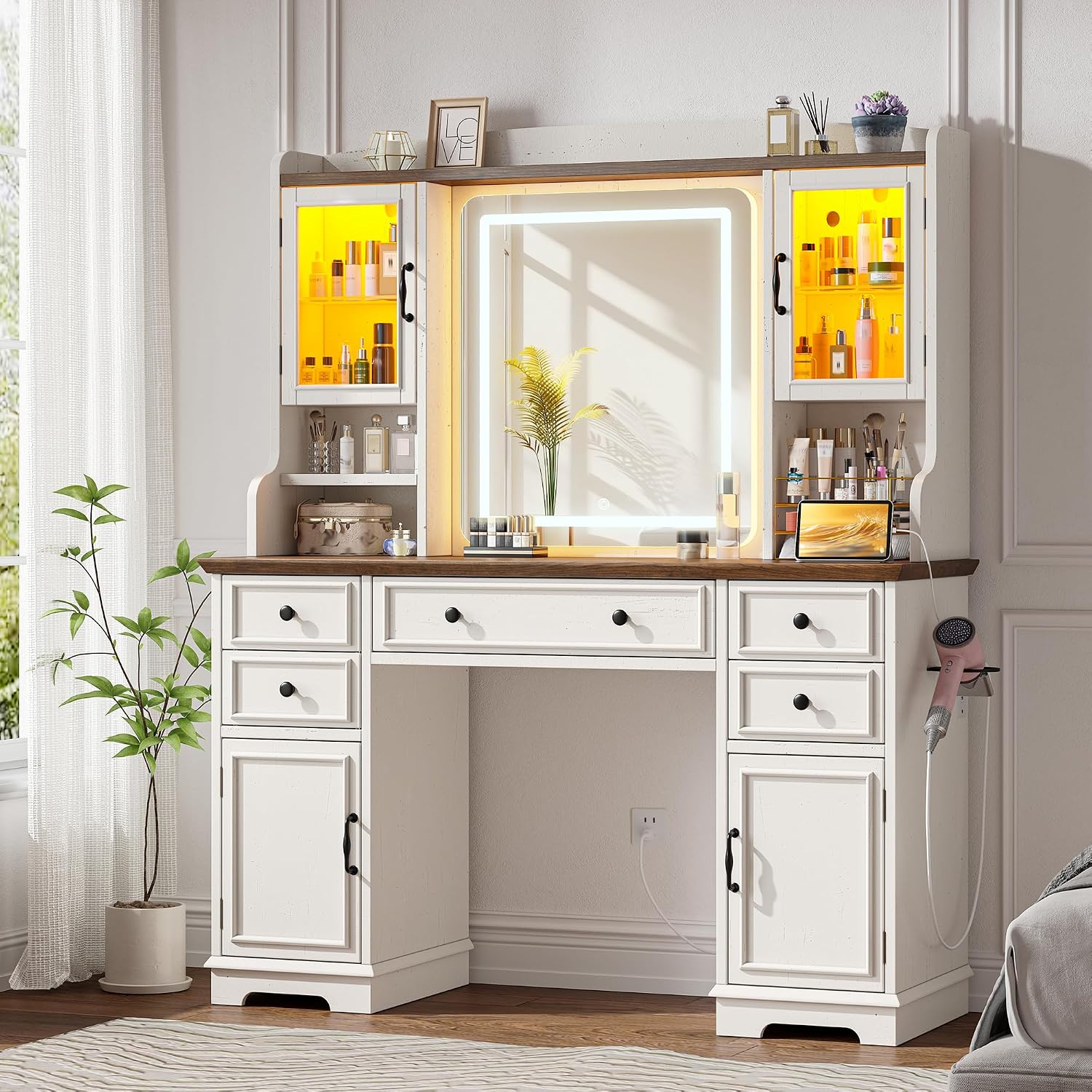 EnHomee Vanity Desk with Mirror and Lights, 43" White Makeup Vanity Desk with 5 Drawers & 2 RGB Glass Cabinets, Adjustable 3 LED Lights for Bedroom, Farmhouse Dressing Table for Women