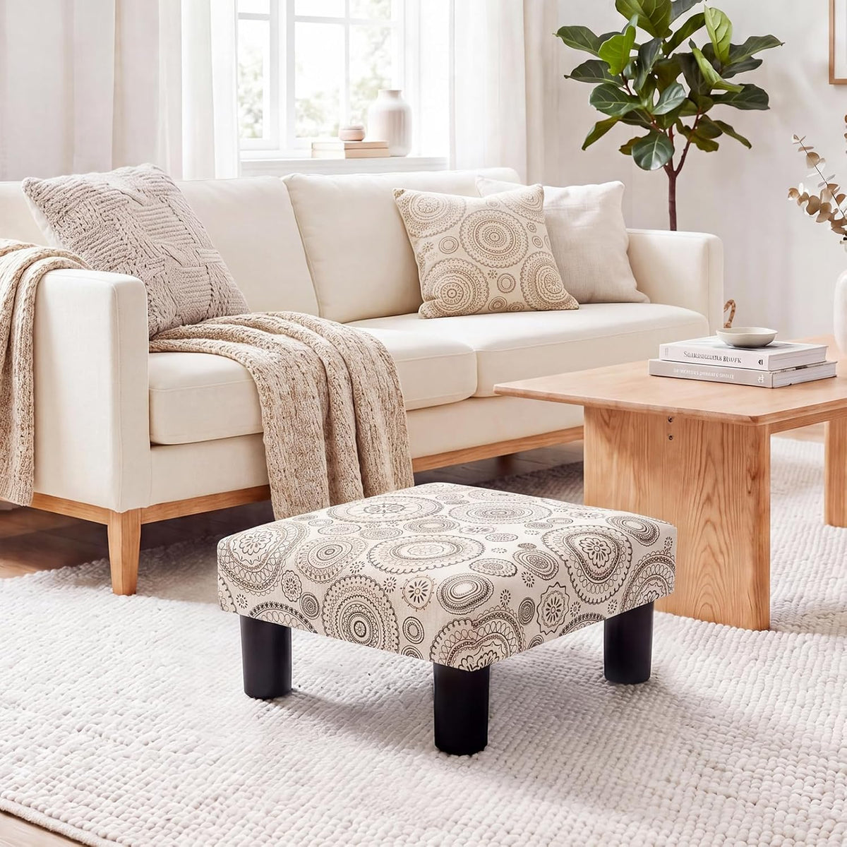Joveco Small Foot Rest Stool Ottoman, Square Upholstered Fabric Footstool for Couch, Under Desk, Office, Living Room, Printing Beige