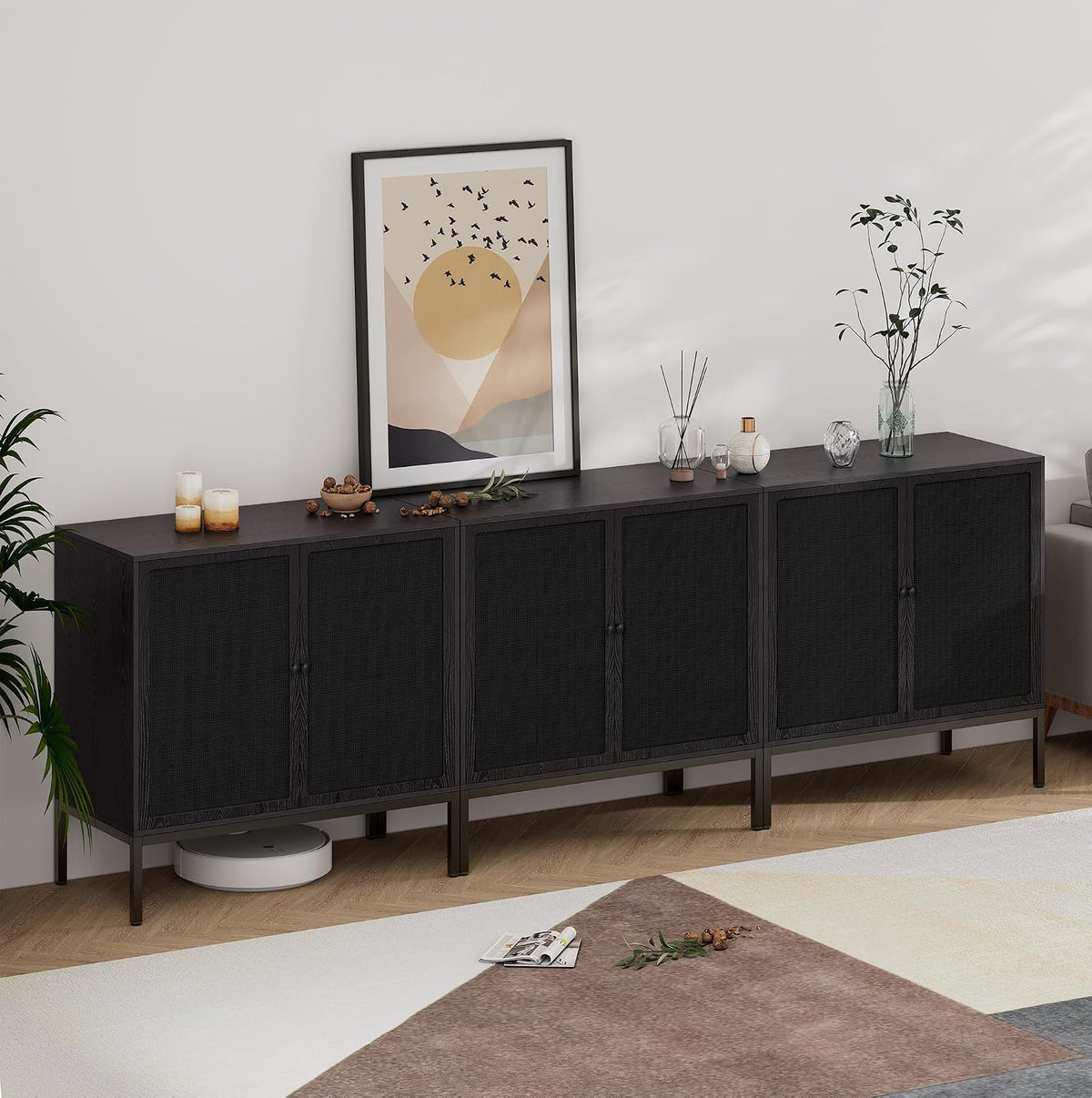 XIAO WEI Farmhouse Boho Sideboard Buffet Cabinet with Black Rattan Doors, 31.5" W Accent Credenza Console Storage Cabinet with Metal Legs for Living Room, Entryway, Kitchen/Set of 2