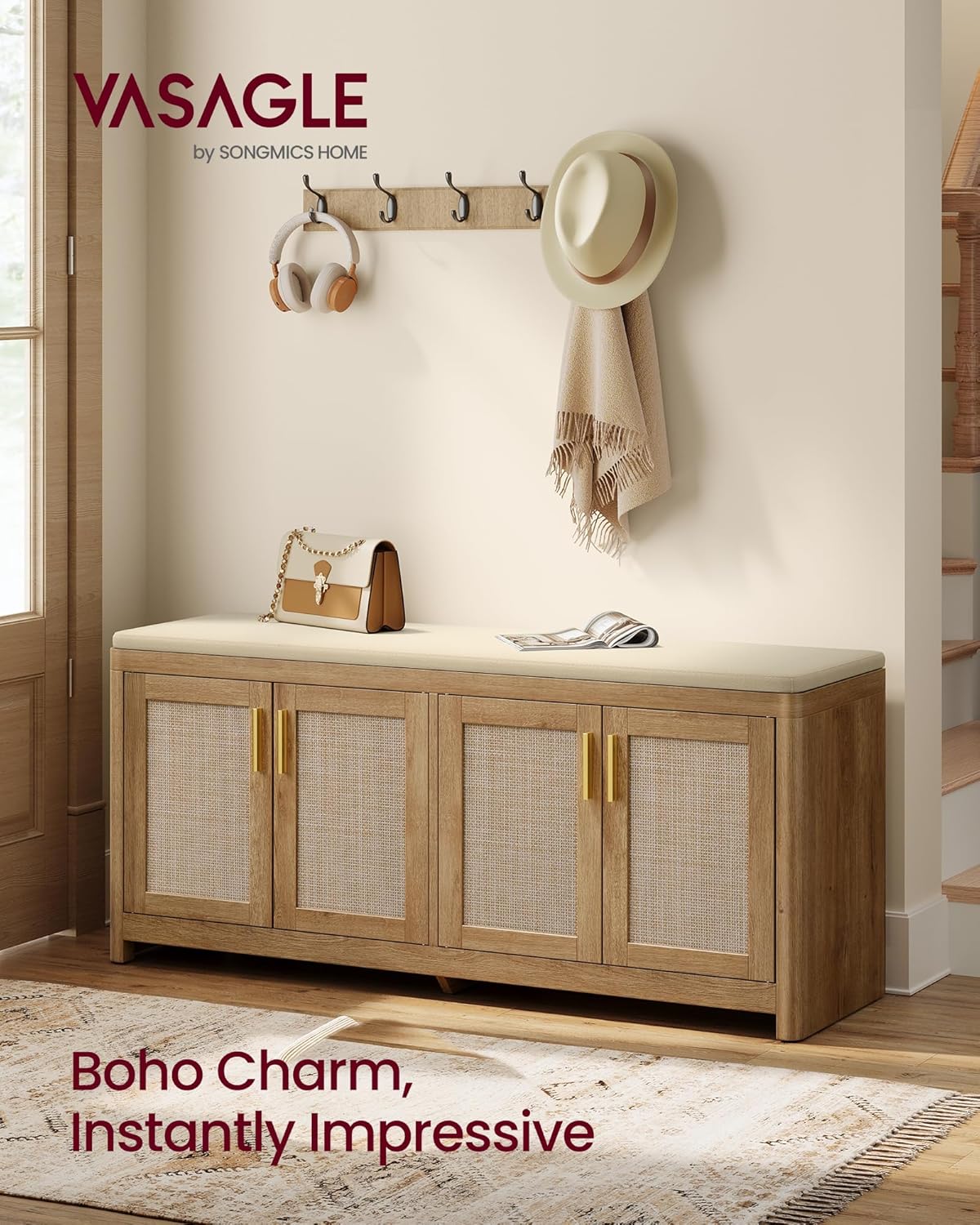 VASAGLE ELLAN Collection - Boho Shoe Bench with Cushion, Entryway Storage Bench with 4 Rattan-Look Cabinet Doors, Rounded Corners, Adjustable Shelf, for Bedroom Under Window, Natural Brown ULSB502KC01