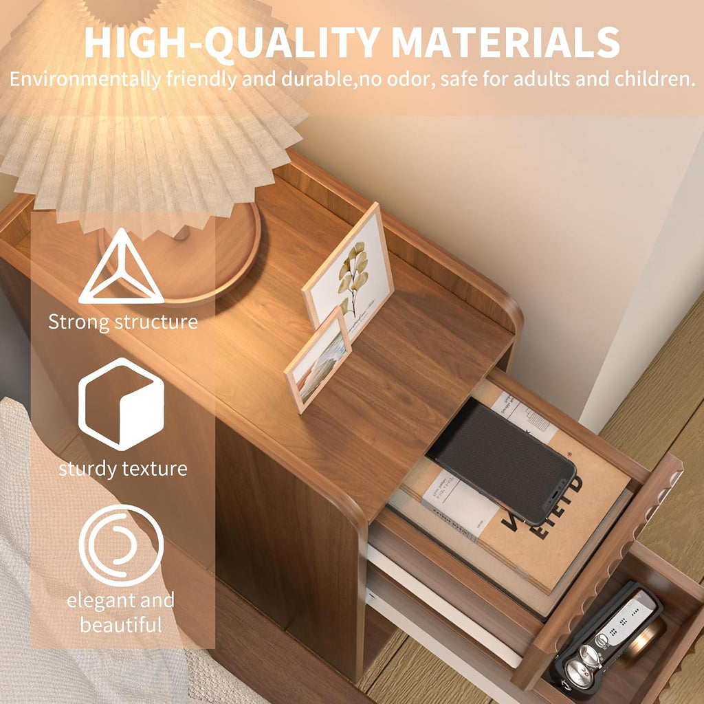 Narrow Fluted Nightstand, Wooden Small 2 Drawer Nightstand, Slim Side End Table, Vintage Bedside Table, Mid Century Modern Night Stand with Drawers, for Bedroom, Walnut, 1 Pc