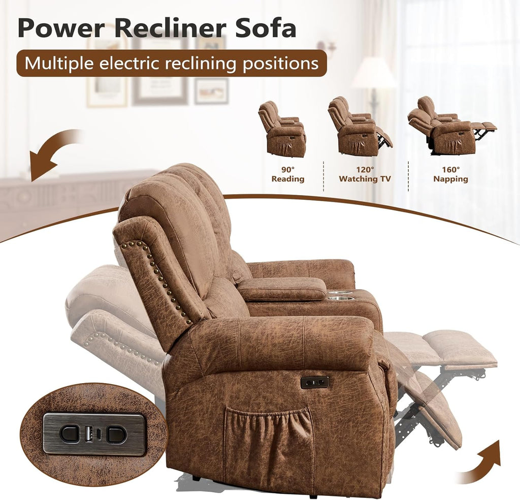 HAOMARKETS 3-Piece Power Reclining Sofa Set with Rivets, Included Electric Massage Recliners, Loveseat Couch with Console and 3-Seater Recliner Sofa, Faux Leather Living Room Furniture Set, Brown