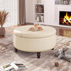 FiveWillowise 31.5" Large Round Ottoman with Storage Circular,Cream White | Leather Coffee Table with Lift Top,Modern Upholstered Button Tufted Footrest Stool Solid Wood Legs for Living Room,Bedroom
