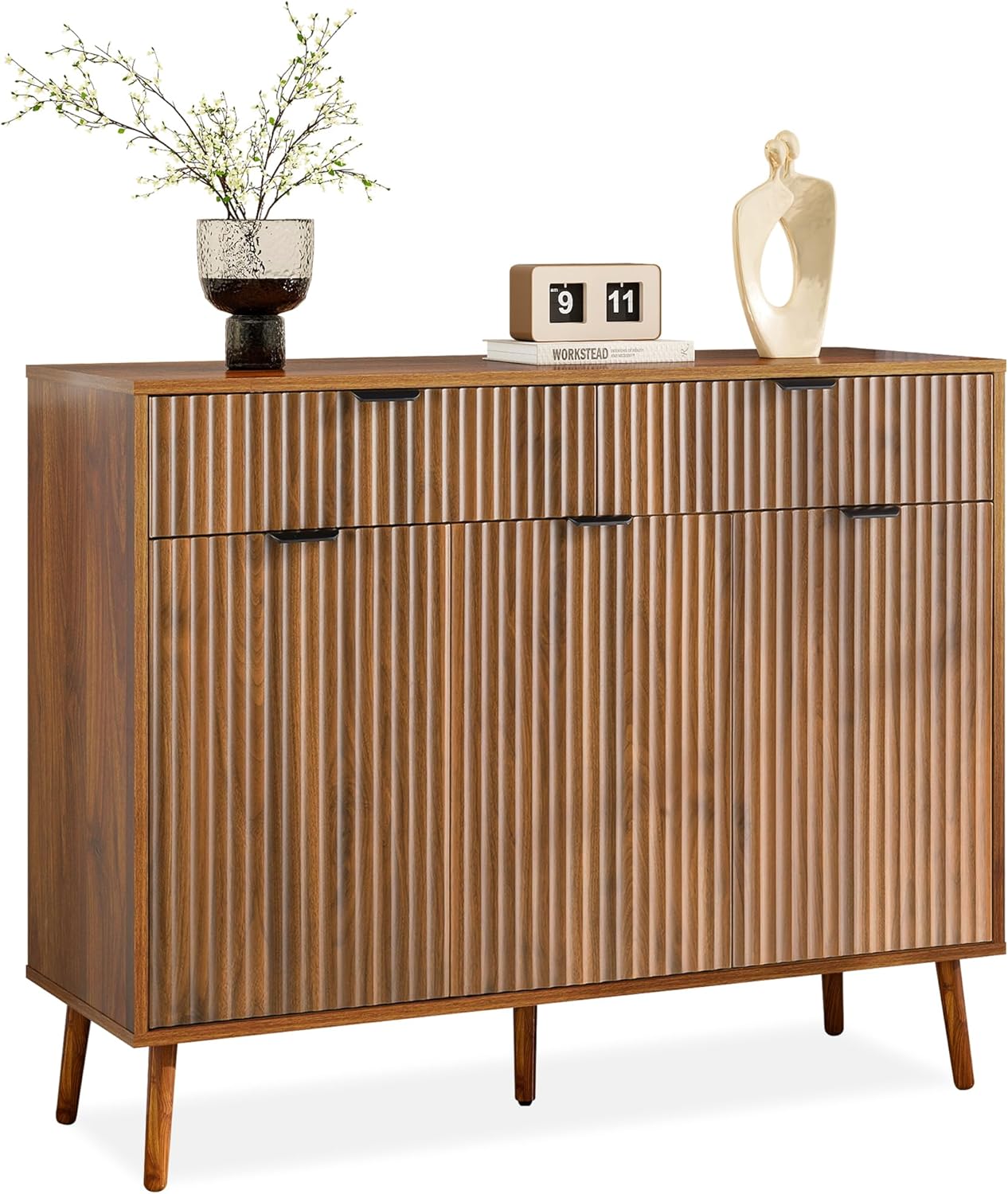LYNCOHOME Fluted Sideboard Buffet Cabinet with Storage,2 Drawers and 3 Doors,Wood Coffee Bar Cabinet with Solid Wood Feet for Kitchen,Hallway