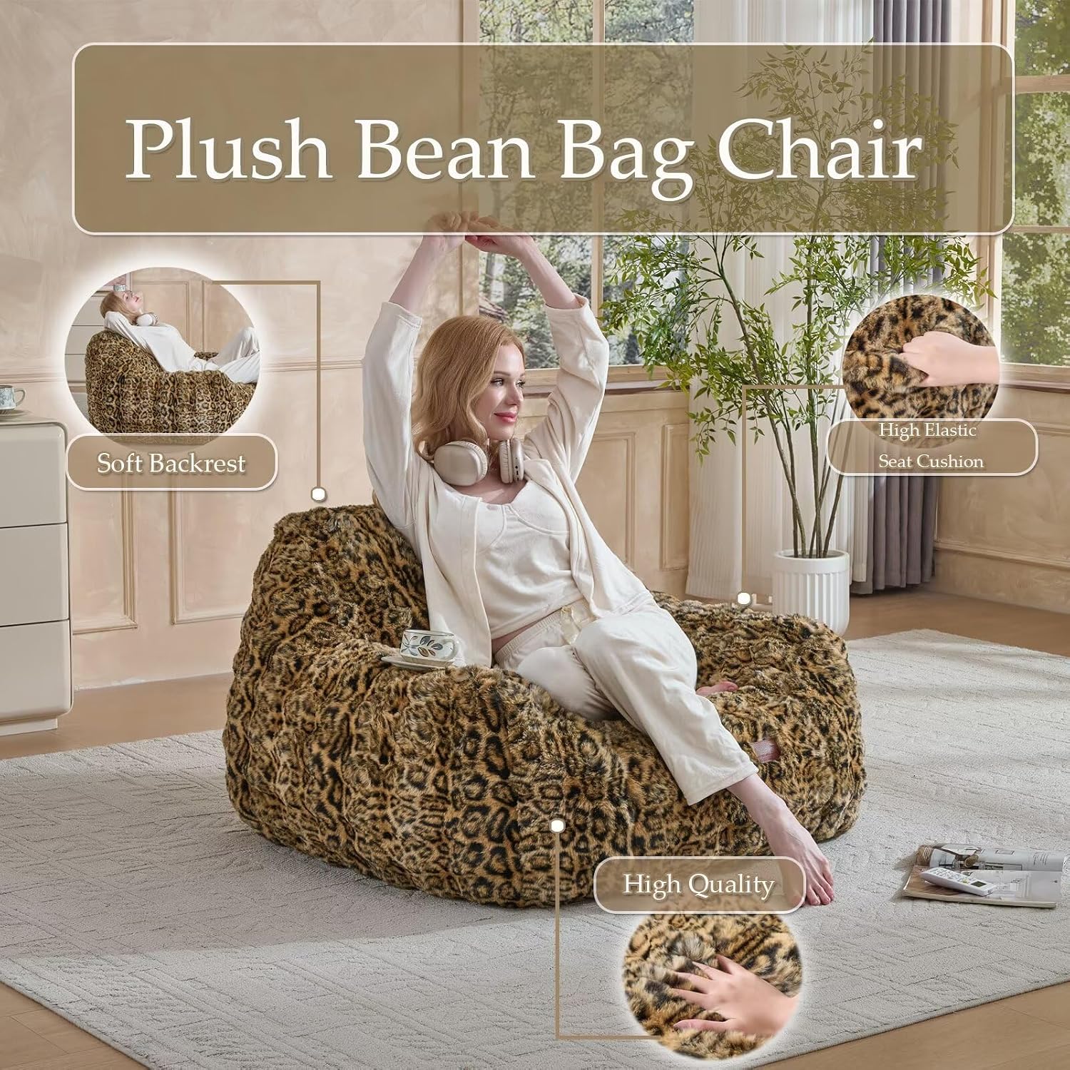 Giant Bean Bag Chair,Oversized Plush Comfy Bean Bag Sofa for Adults and Kids,Ultra Soft Living Room Bedroom Game Room Bean Bags with Armrests-Leopard Brown