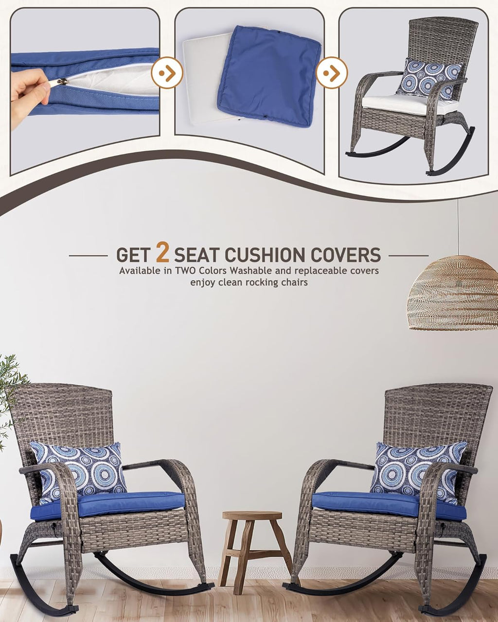 Outdoor Rocking Chairs Set of 2, Patio Rocker Chairs with Cushions & Steel Frame, All Weather Porch Rocking Chairs for Garden, Backyard, Poolside (Grey Rattan & Navy Blue Cushion, 320lbs)