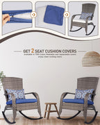 Outdoor Rocking Chairs Set of 2, Patio Rocker Chairs with Cushions & Steel Frame, All Weather Porch Rocking Chairs for Garden, Backyard, Poolside (Grey Rattan & Navy Blue Cushion, 320lbs)