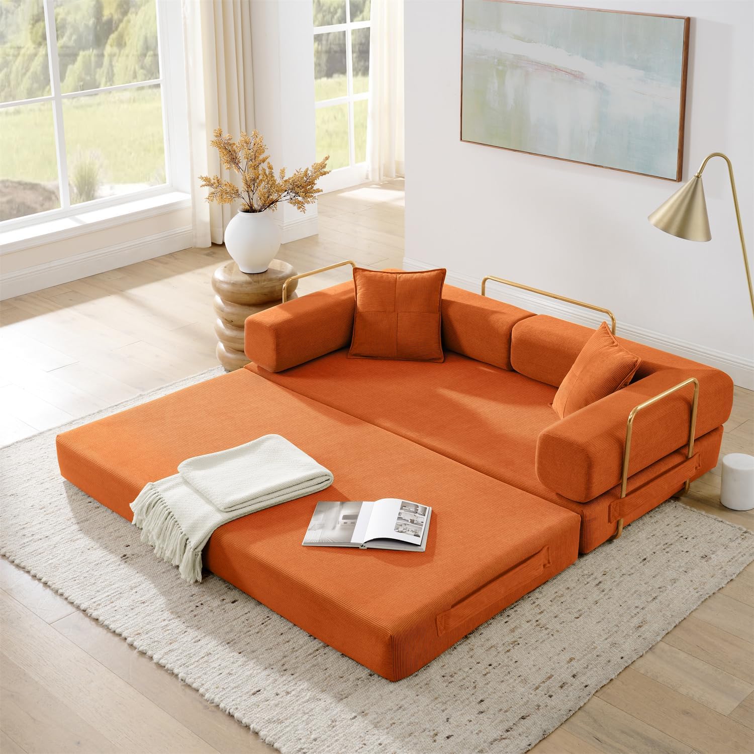 4-in-1 Folding Convertible Sofa Bed, 78 Inch Couch with Fixed-Shape Frame, Corduroy Loveseat Sleeper with Pull Out Bed, Floor Sofa Modular Futon Couch for Living Room Bedroom Lounge (Orange)