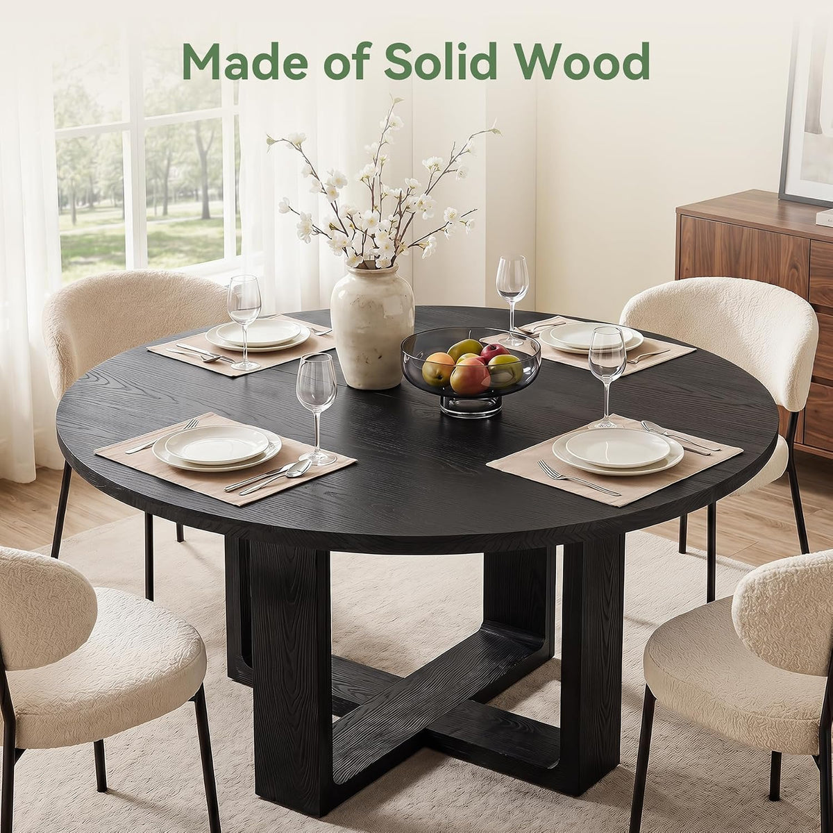 47.24" Black Round Dining Table for 4–6 People, Solid Wood Kitchen Table with 1.18" Thick Wooden Tabletop & Stable Cross-Shaped Base for Dining Room, Pure Black