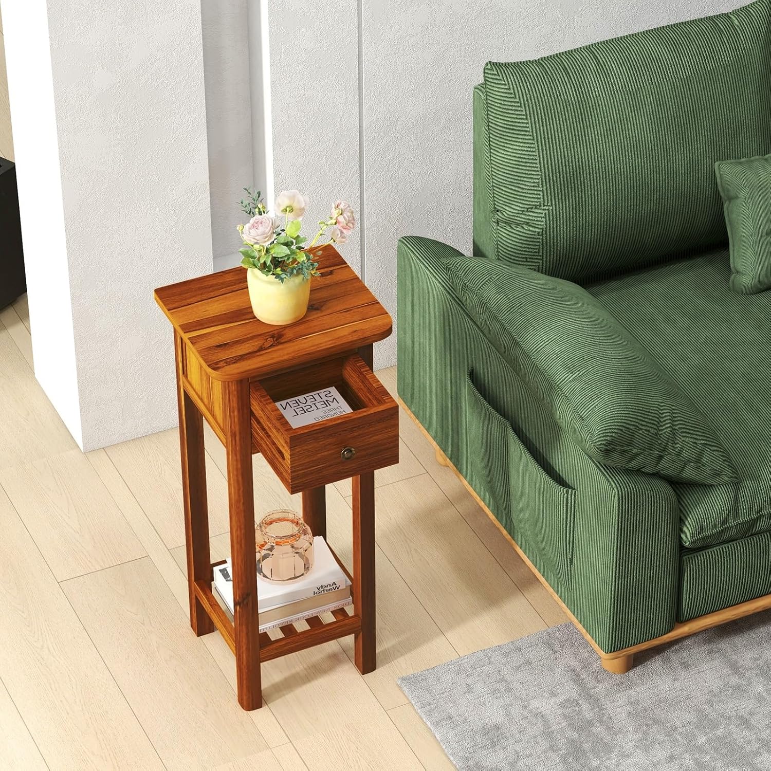 Giantex Narrow End Table with Drawer Set of 2, Tall Acacia Wood Side Table with Bottom Shelf, Modern Bedside Tables, 2-Tier Nightstand for Small Spaces Bedroom Living Room, No Assemble Required, Brown